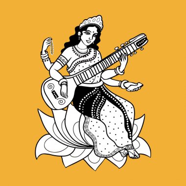 karikatür vektör hindu Tanrıça Saraswati lotus beyaz sari üzerinde oturuyor. Navratri için tebrik kartı. baskı poster, afiş ve kartpostal için.