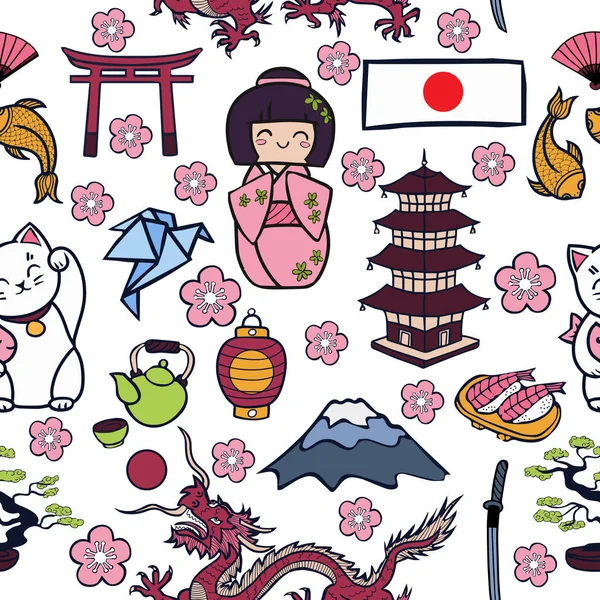Japon Icônes Dessin Animé Fond Motif Sans Couture — Image vectorielle