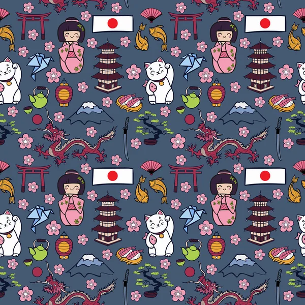 Japon Icônes Dessin Animé Fond Motif Sans Couture — Image vectorielle