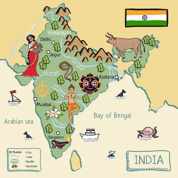 Mapa Dibujos Animados India — Vector de stock