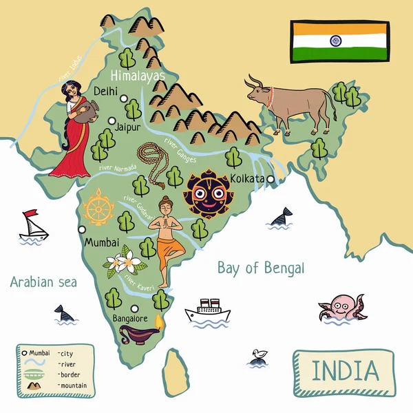 Mapa Dibujos Animados India — Vector de stock