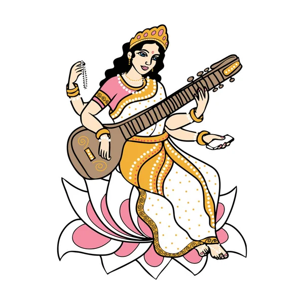 Cartoon Vector Hindoe Godin Saraswati Zittend Lotus Witte Sari Wenskaart — Stockvector