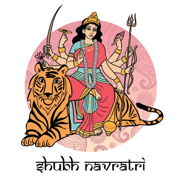 Мультяшная Векторная Индийская Богиня Дурга Сидит Тигре Открытка Футболка Печати — стоковый вектор