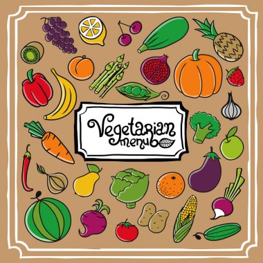 Çizgi film vektör sebze ve meyve ayarlayın. Tüm nesneleri izole. Metin çerçevesiyle. Vejetaryen 