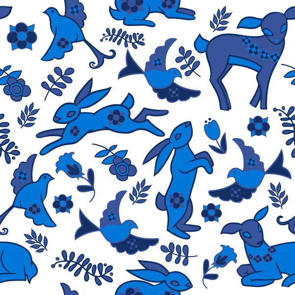 モノクロ イラストと漫画のシームレスなパターン ウサギ 花の要素 — ストックベクタ