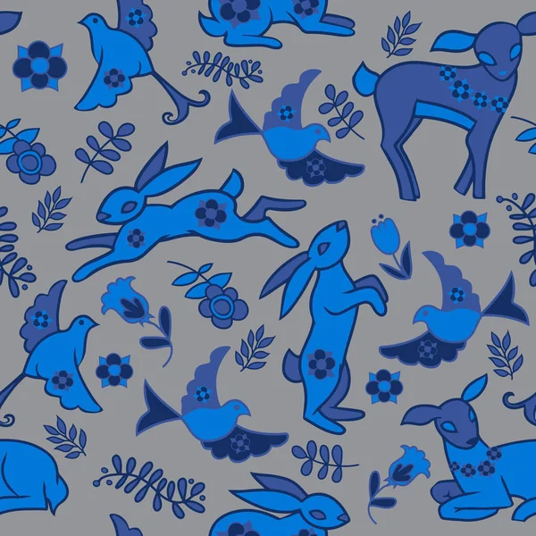 モノクロ イラストと漫画のシームレスなパターン ウサギ 花の要素 — ストックベクタ