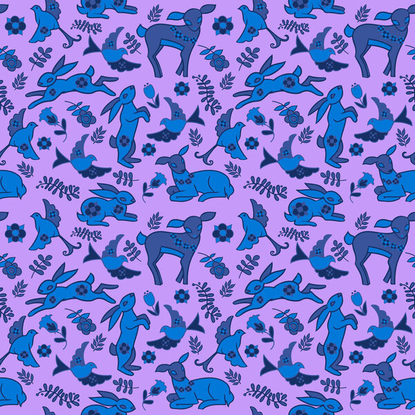 Cartoon seamless pattern with monochrome illustrations. Hares, deers, birds and floral elements.