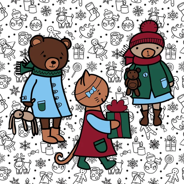 Personnages Vectoriels Bande Dessinée Ours Peluche Hiver Proche Chat Avec — Image vectorielle