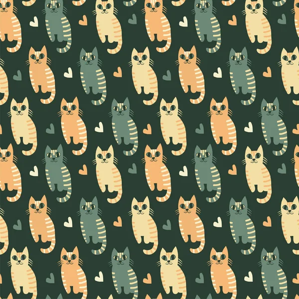 カラフルな子猫や心とのシームレスなパターン — ストックベクタ