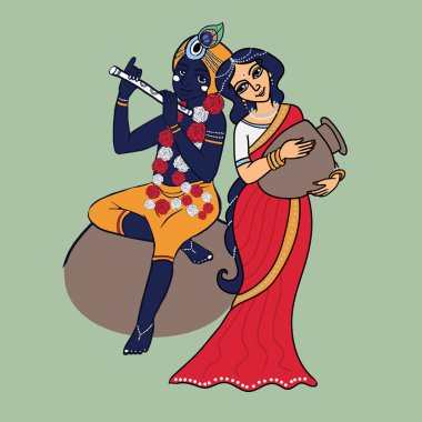 Çizgi film vektör lord Krishna ve Radha. Lord Krishna taş üzerine oturan flüt ile. Radha pot ile kırmızı sari.