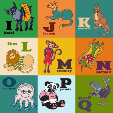 Karikatür doodle hayvanlar: indri, jaguar, kanguru, aslan, maymun, kertenkele, ahtapot, panda, bıldırcın. Bölümü çocuk alfabesi, mektupları ben, j, k, l, m, n, o, p, q. 