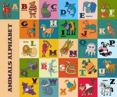 Cartoon doodle vector animals alphabet.  clipart