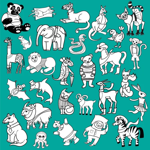 Desenho Animado Doodle Animais Grande Conjunto — Vetor de Stock