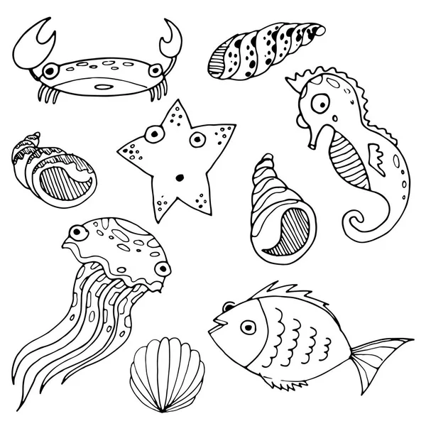 Vector sketch cartoon sea animals. Hand drawn coloring. Fish, starfish, crab, jolly fish, sea horse. Set. Seamless pattern. - Stock Image - Everypixel Vector sketch cartoon sea animals. Hand drawn coloring. Fish, starfish, crab, jolly fish, sea horse. Set. Seamless pattern. - Stock Image - Everypixel