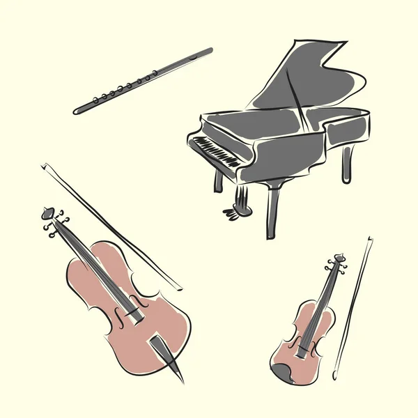 Black White Cartoon Music Instruments Violin Cello Piano Flute Vector — Stock Vector