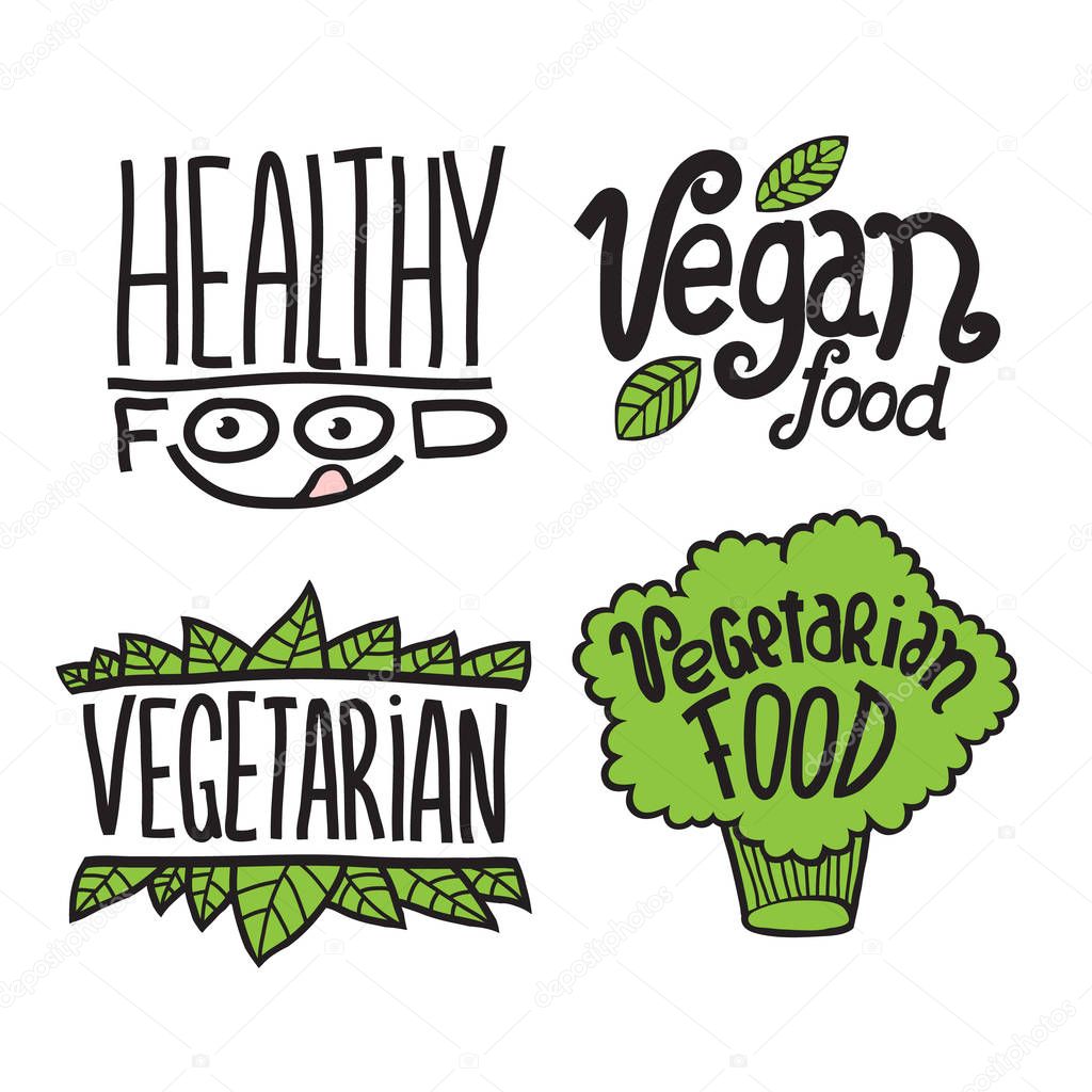 Cartoon doodle vector hand drawn logotype sticker. Healthy food, vegan food, vegetarian, vegetarian food.