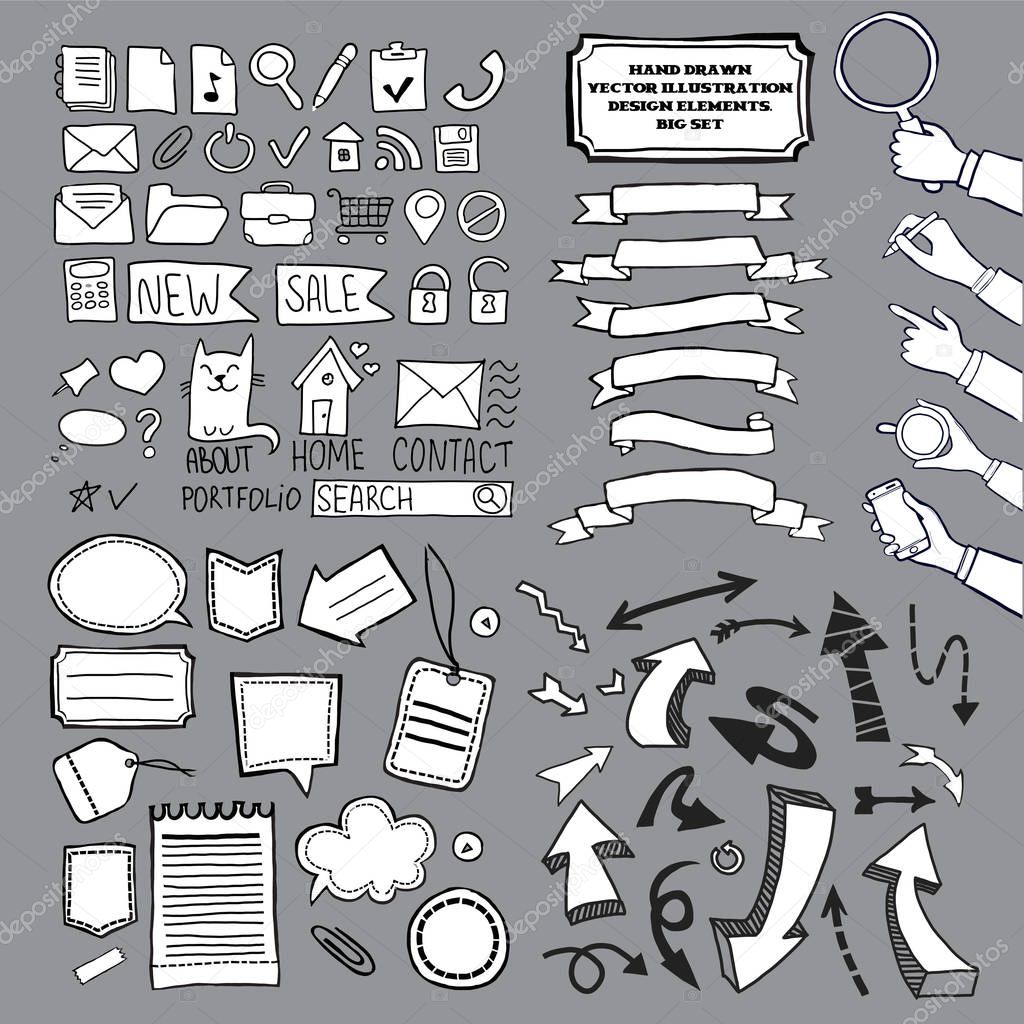 Cartoon vector doodle design elements set. Web icons, ribbons, stickers, balloons for text, arrows, hands with gadgets. Hand drawn black and white sketch illustrations.