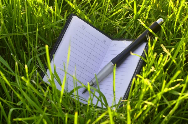 White note-book with black pen and empty white pages on green grass field