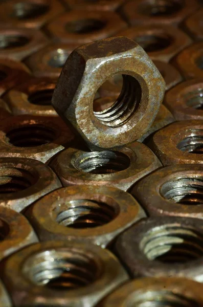 Closeup Pile Rusty Nuts — Stock Photo, Image