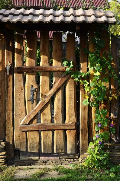 ビンテージ スタイルのくぐり戸と秋の木製の古いフェンス — ストック写真
