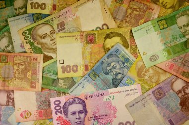 Ukraynalı banknotlar, farklı değerlerde yığını arka plan görüntüsü. Çok sayıda Ukraynalı bankanın hryvnia adı verilen banknotlar. Ukrayna ekonomik kriz kavramı