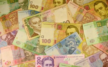 Ukraynalı banknotlar, farklı değerlerde yığını arka plan görüntüsü. Çok sayıda Ukraynalı bankanın hryvnia adı verilen banknotlar. Ukrayna ekonomik kriz kavramı