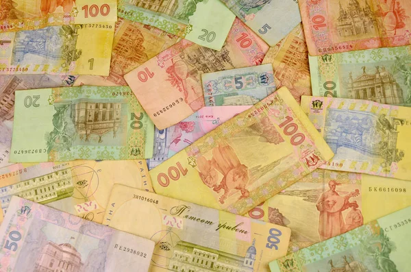 Viele Ukrainische Geldscheine Verschiedener Stückelungen Und Farben Ukrainische Banknoten Mit — Stockfoto