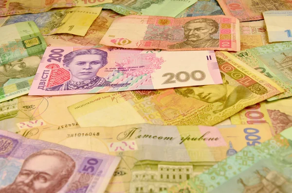 Viele Ukrainische Geldscheine Verschiedener Stückelungen Und Farben Ukrainische Banknoten Mit — Stockfoto