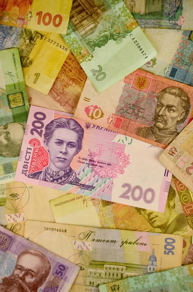 Das Hintergrundbild Eines Stapels Ukrainischer Banknoten Mit Unterschiedlichen Werten Eine — Stockfoto