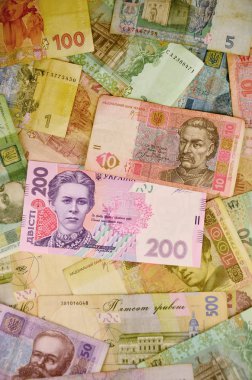 Farklı renk ve boyut birçok Ukraynalı banknotların arka plan görüntüsü. Ukrayna bankacılık işlemleri için kavramsal görüntü çekilme fonları, zenginlik ve Ukrayna para çok büyük miktarda bulundurma