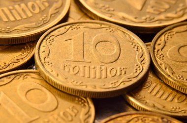 Ukraynalı para paralar nakit kuruş şeklinde ayrıntılı makro çekim. Detaylı metal doku ve kabartma süs bitkileri şeklinde ile Ukrayna kopeck.