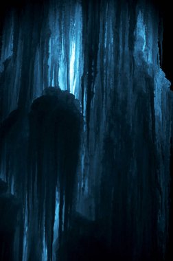 Büyük buz buz sarkıtları. Büyük şelale veya su donmuş buz blokları. Blue Ice arka plan. Donmuş akış Şelalesi