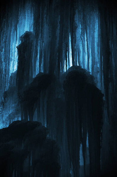 Huge ice icicles. Large blocks of ice frozen waterfall or water. Blue ice background. Frozen stream waterfall