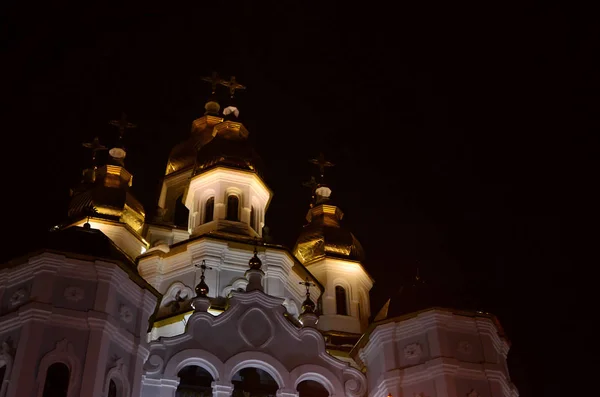 教会の聖なるミルラ の旗手ミラー ストリーム ハリコフ ウクライナ 黄金のドームと夜のレリーフ装飾教会の詳細な写真 — ストック写真