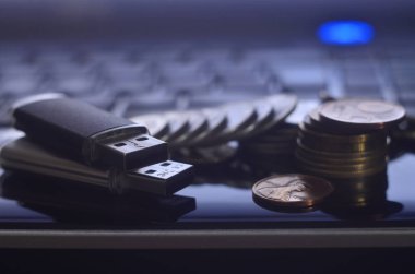 USB bellek kartları ve biraz para onun klavye önünde siyah dizüstü vücut üzerinde yalan. Sanal bellek depolama Usb çıkışı ve para küçük bir miktar ile