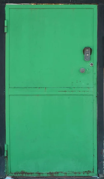 Texture Painted Metal Door Brick Fence Large Metal Doors Built — Stock Photo, Image