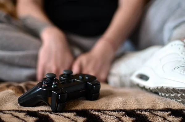 Close Young White Girl Sports Suit Playing Video Games Modern — Stock Photo, Image