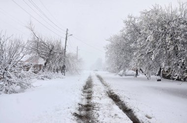 Kharkov, Ukrayna - 19 Nisan 2017: Kharkov sokaklarda Nisan ayında kar beklenmeyen hızlı serpinti. Soğuk ve olumsuz kış şartları ortasında bahar