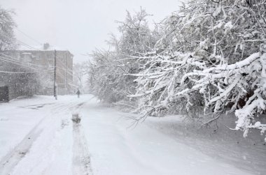 Kharkov, Ukrayna - 19 Nisan 2017: Kharkov sokaklarda Nisan ayında kar beklenmeyen hızlı serpinti. Soğuk ve olumsuz kış şartları ortasında bahar