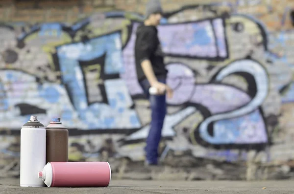 Still Life Several Aerosol Paint Spray Cans Lies Roofing Covering — Stock Photo, Image