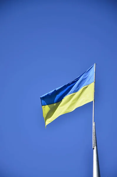 Ukrainische Flagge vor dem Hintergrund eines wolkenlosen blauen Himmels — Stockfoto