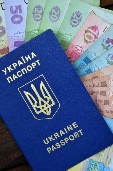 ウクライナのパスポートとウクライナのお金の木の表面に一定の量の写真 — ストック写真