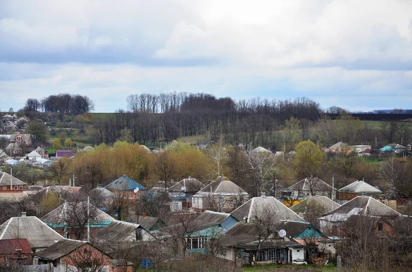 Venkovská krajina s mnoha soukromých domů a zelených stromů — Stock fotografie
