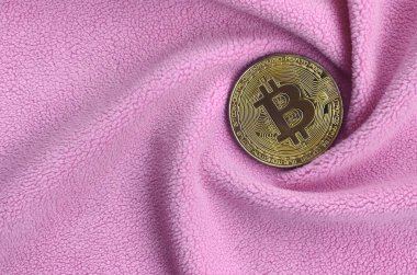 Altın bitcoin yumuşak ve kabarık hafif pembe Polar kumaş çok sayıda kabartma kıvrımları ile yapılmış bir battaniye yatıyor. Kıvrımları şeklinde bir ekran kartı soğutucu fan benzer