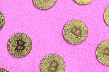 Birçok altın bitcoins yumuşak ve kabarık hafif pembe Polar kumaştan yapılmış bir battaniye yatıyor. Sanal Kripto para biriminin fiziksel görselleştirme