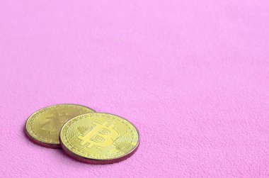 İki altın bitcoins yumuşak ve kabarık hafif pembe Polar kumaştan yapılmış bir battaniye yatıyor. Sanal Kripto para biriminin fiziksel görselleştirme