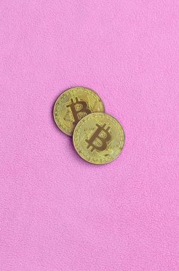 İki altın bitcoins yumuşak ve kabarık hafif pembe Polar kumaştan yapılmış bir battaniye yatıyor. Sanal Kripto para biriminin fiziksel görselleştirme