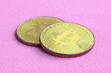 İki altın bitcoins yumuşak ve kabarık hafif pembe Polar kumaştan yapılmış bir battaniye yatıyor. Sanal Kripto para biriminin fiziksel görselleştirme