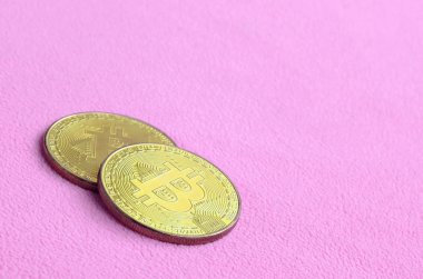 İki altın bitcoins yumuşak ve kabarık hafif pembe Polar kumaştan yapılmış bir battaniye yatıyor. Sanal Kripto para biriminin fiziksel görselleştirme