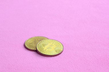 İki altın bitcoins yumuşak ve kabarık hafif pembe Polar kumaştan yapılmış bir battaniye yatıyor. Sanal Kripto para biriminin fiziksel görselleştirme